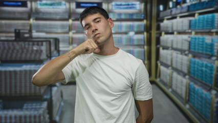 Man performs cut throat gesture across bare neck with hand in a storage building aisle lined with...