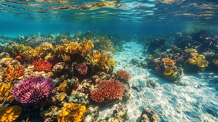 Vibrant coral reef teeming with marine life under the crystal clear turquoise water