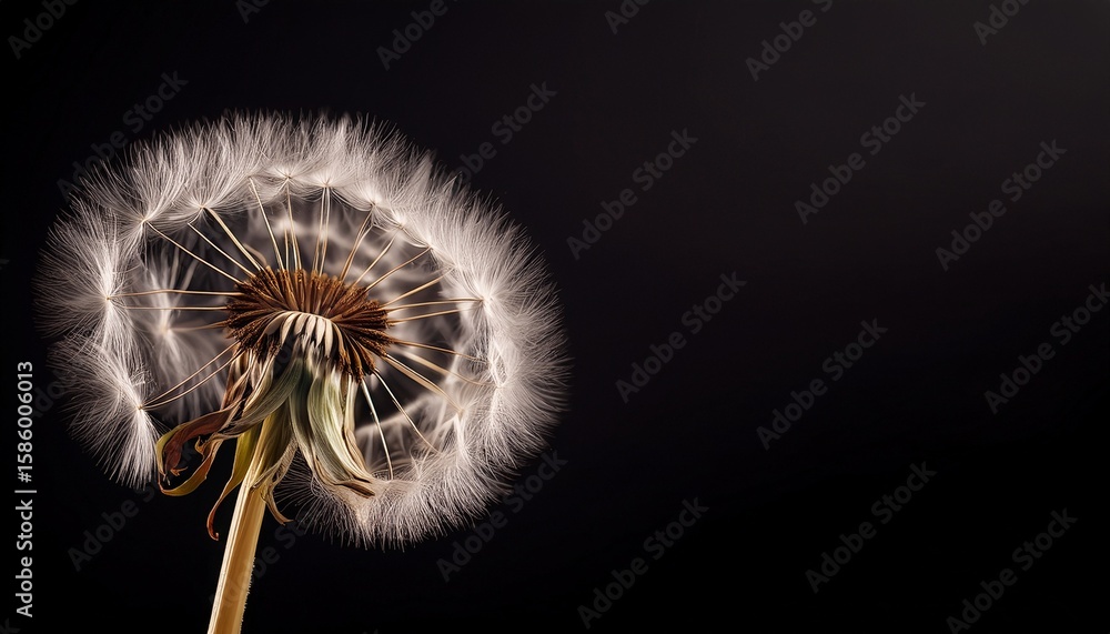 Poster dandelion with seeds isolated in black background with space for copy and text education and science