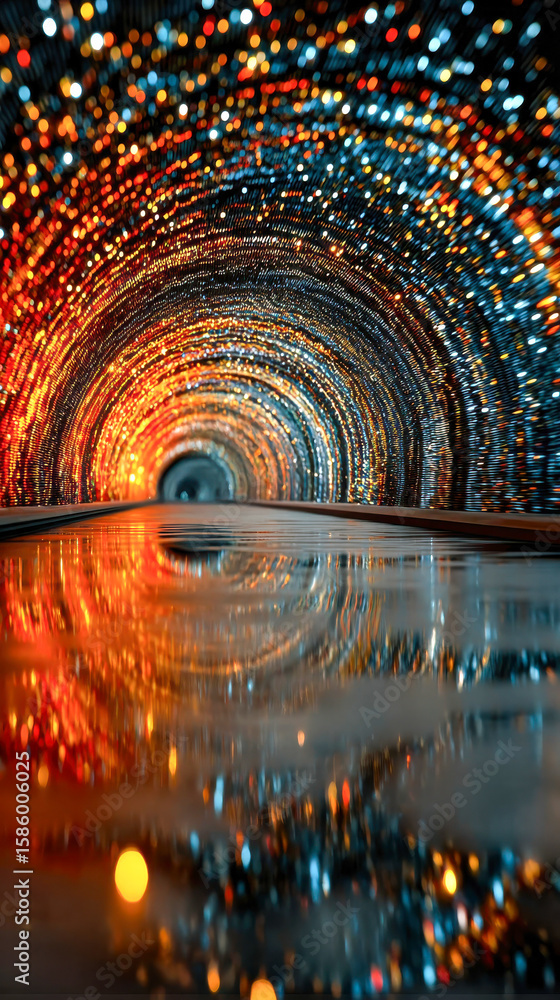 Poster vibrant abstract tunnel glowing with orange and blue bokeh lights, creating a mesmerizing sense of d