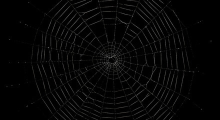 A close-up view of a delicate spider web against darkness.