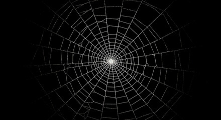Obraz premium A spider web is shown in a dark, almost entirely black, background with a light source at the center.