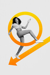 3D collage trend artwork poster of young woman smile walk arrow point leadership goal purpose challenge success development motivation