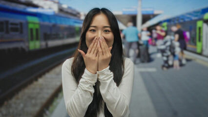 Woman smiling at a bustling train station, surrounded by blurred figures and trains, capturing a...