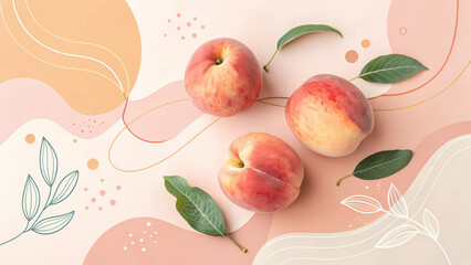 Fresh peaches scattered amidst playful blush tones and whimsical botanical illustrations evoking a summer afternoon with