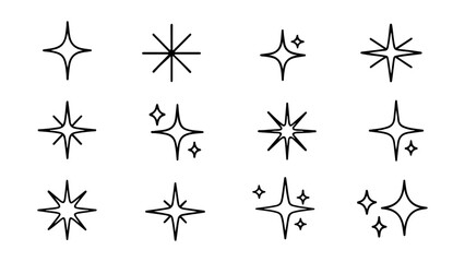 Shinning twinkle star icon vector set. Bright glitter sparkling star outline set. Hand drawn magic light twinkle stars doodle style. Sparkling stars symbol. Vector illustration.