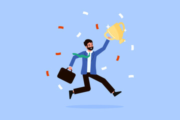 Celebrating challenge success: Victorious businessman jumps with trophy. Represents work achievement, victory and business competition win.