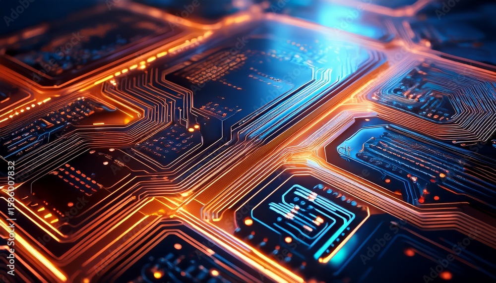 Poster captivating close up view of an intricate digital circuit board glowing with a vibrant futuristic en