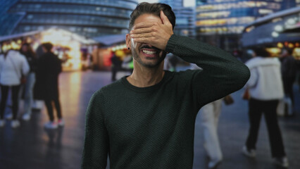 Man covers eyes with hand on crowded city street near illuminated market stalls and passing...