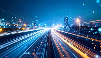 Night cityscape highway with light trails and digital elements