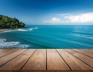 Fototapeta premium wooden table overlooks serene ocean view for calm and peaceful scene