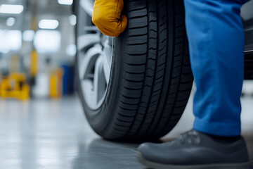Car tire check: Mechanic wearing gloves inspecting vehicle tire in auto repair shop. Auto maintenance service, ensuring car safety.