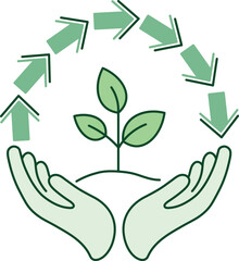 Obraz premium Sustainable growth illustration featuring hands protecting a young sprout with arrows