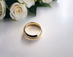 gold ring on white table on wedding backgound with copy space