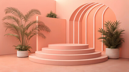 Fototapeta premium Soft coral dreamscape promoting wellness products with natural elegance featuring tiered podium and lush potted plants