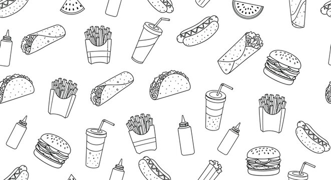Fast food black and white outline seamless pattern design - Powered by Adobe