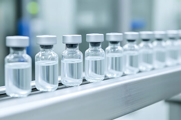 Pharmaceutical production: A row of vials filled with liquid, possibly for injection, are displayed in a sterilized manufacturing setting.