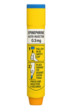 Epinephrine auto injector with instructions on transparent background