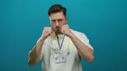 Young man doctor with beard in white coat and stethoscope adopts a fighting stance against an...
