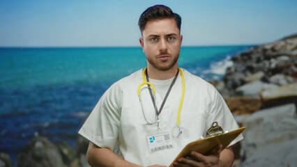 Young man doctor with beard reviewing clipboard by the seaside with ocean in background wearing...