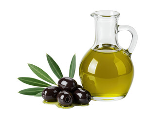 Isolated Glass Bottle with Olive Oil and Black Olives