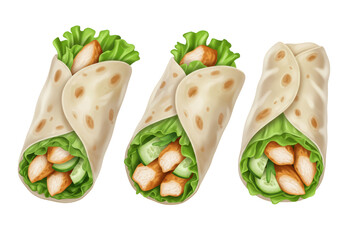 Isolated Trio of Chicken Wraps with Vegetables