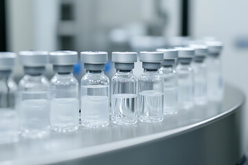 Vials of Clear Liquid: A line of glass vials, each containing a clear liquid, are capped and ready for pharmaceutical or medical use on a conveyor belt.