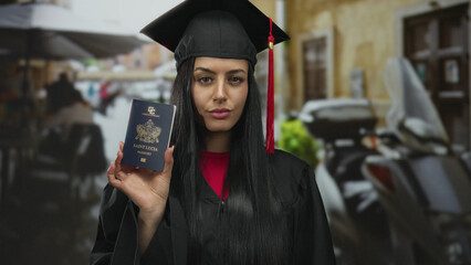 Graduate woman wearing cap and gown holds saint lucia passport outdoors on city street.
