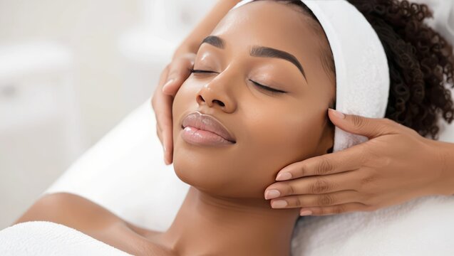 A serene African American woman enjoys a rejuvenating facial massage treatment in a spa, radiating relaxation.