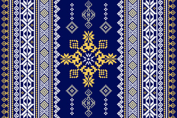 thai art pattern. Cultural Geometric Ethnic pattern on Navy blue, aztec, Tribal, traditional fabric, silk, textile, illustration design.