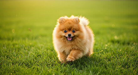 Playful puppy running joyfully in a green field with soft sunlight &ndash; adorable and lively pet moment perfect for animal lovers, outdoor lifestyle, happiness, and heartwarming scenes

