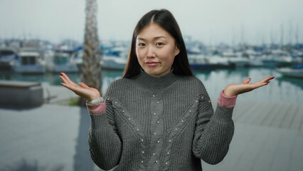 Woman standing at seaside with boats in background, smiling in casual sweater and watch, expressing...