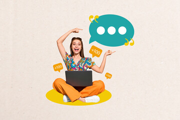 Composite image montage trend artwork 3D collage of young lady sit down hold laptop speech...