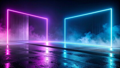 Neon rectangles glowing in misty fog with wet reflections light abstract
