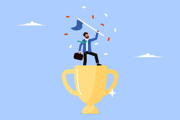 Cheerful winning businessman raises flag atop trophy. Symbolizes leadership success, career achievement, triumph and determination.