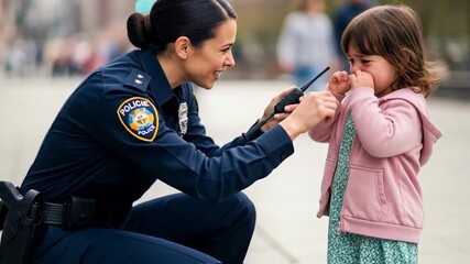 Police officer kneeling to comfort a crying lost child on a street, using her radio for help, a powerful image for themes of public safety, community trust and emergency response