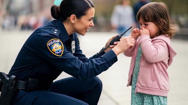 Police officer kneeling to comfort a crying lost child on a street, using her radio for help, a powerful image for themes of public safety, community trust and emergency response