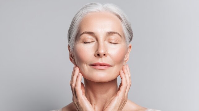 Elegant older woman with silver hair, closed eyes, and serene expression, gently touching her face against a neutral background