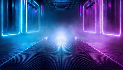blue and purple neon lights misty metallic background scifi
