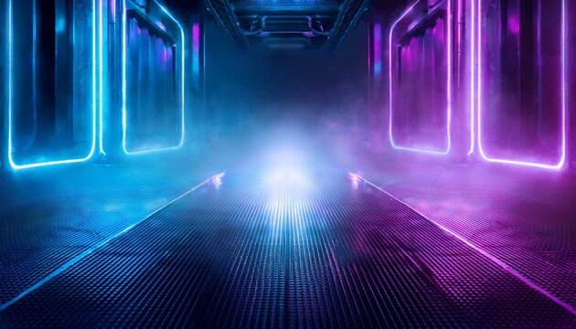 blue and purple neon lights misty metallic background scifi