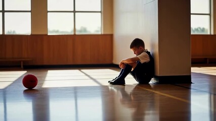 Sad and lonely schoolboy sitting on the floor in an empty gym, a powerful visual for concepts of bullying, childhood loneliness and social anxiety issues in education - Powered by Adobe
