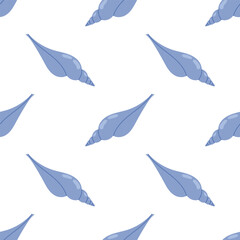 Seamless pattern with blue seashells on white background. For summer textiles and beach designs, summer, ocean.