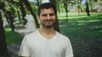 Fototapeta premium Man with short curly hair frowns wearing white t shirt in green park under dappled sunlight; skepticism.