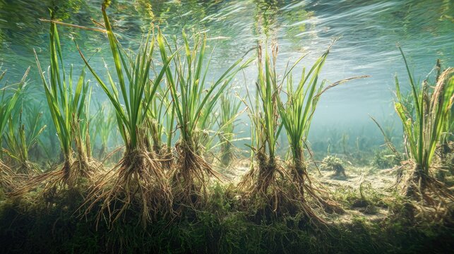Underwater aquatic plants, sunlight filtering through water