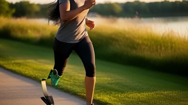 Determined woman with a prosthetic leg running outdoors at sunset, an inspiring concept of overcoming adversity, resilience, and inclusive adaptive sports