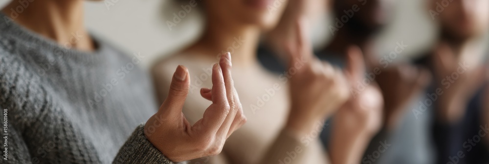 Poster people engaging in sign language communication in soft neutral tones with open upper half compositio