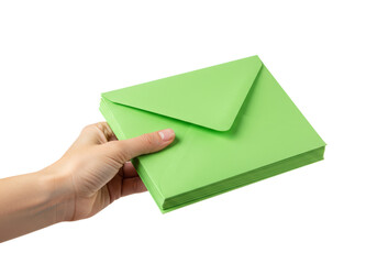 Isolated Hand Holding Stack of Green Envelopes