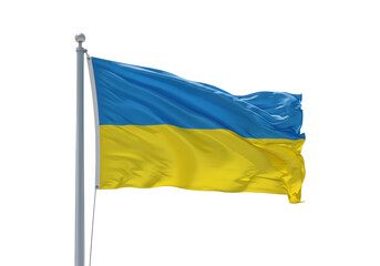 Isolated Waving Flag of Ukraine on Silver Pole Against White Backdrop