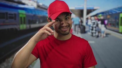 Man salutes with fingers on red cap at sunny street station platform with blurred commuters by...