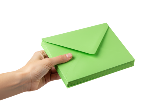Isolated Hand Holding Stack of Green Envelopes